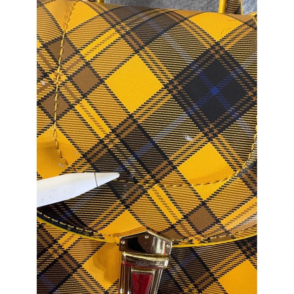 Yellow Plaid Crossbody Satchel Bag Gold Hardware Adjustable Strap Top Handle - Picture 2 of 16